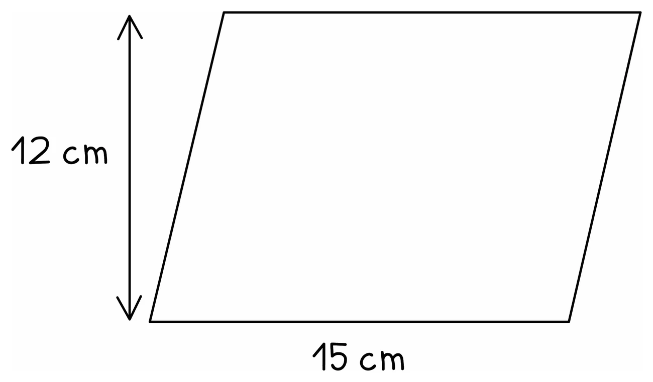 A parallelogram with a base of 15 cm and a perpendicular height of 12 cm marked by a double-headed arrow drawn straight down the side rather than along the sloping edge