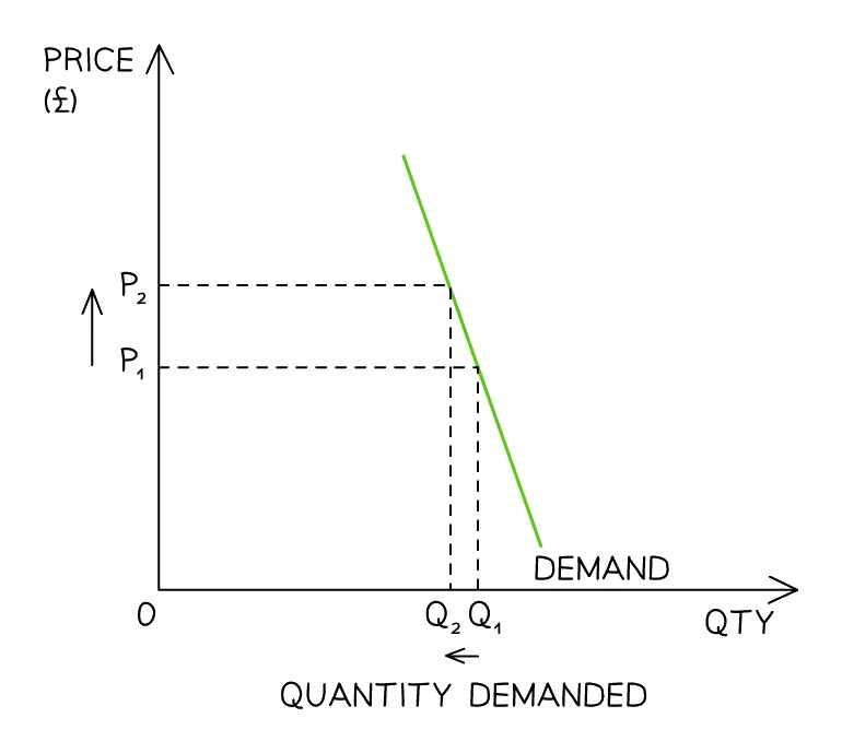 Relatively inelastic demand: a steep demand curve where a rise in price from P1 to P2 causes only a small fall in quantity demanded from Q1 to Q2