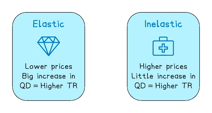 PED and total revenue: with elastic demand a price cut raises total revenue because quantity demanded rises a lot, while with inelastic demand a price rise raises total revenue because quantity demanded falls only a little