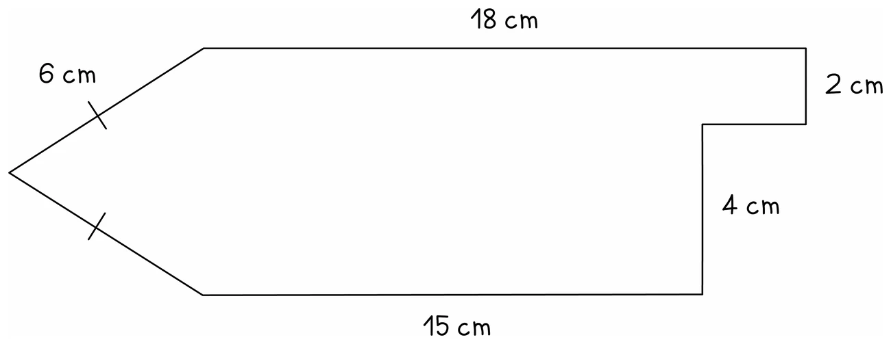 A compound shape shaped like an arrow with a step cut into its right-hand end, labelled 6 cm on one sloping side, 18 cm along the top, 2 cm and 4 cm down the step and 15 cm along the bottom, with two sloping sides marked equal by matching dashes