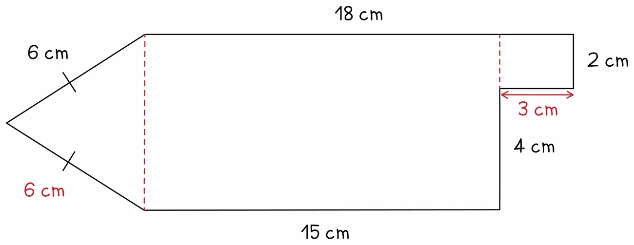 The same arrow-shaped figure with the two lengths that were missing filled in red: the second sloping side is 6 cm because it matches the first, and the step across the top is 3 cm because the 18 cm and 15 cm sides differ by that much