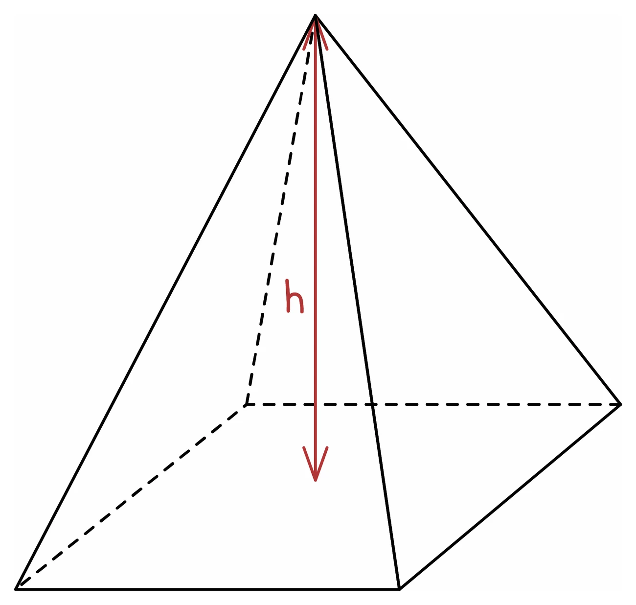 A square-based pyramid with a red arrow running straight down from the apex to the centre of the base, marked h, which is the perpendicular height rather than the length of a sloping edge