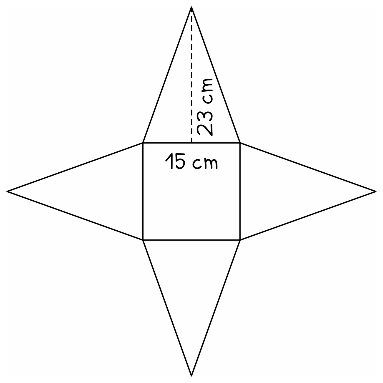 The net of a square-based pyramid: a square of side 15 cm in the middle with an identical triangle folded out from each of its four edges, and the perpendicular height of one triangle marked 23 cm