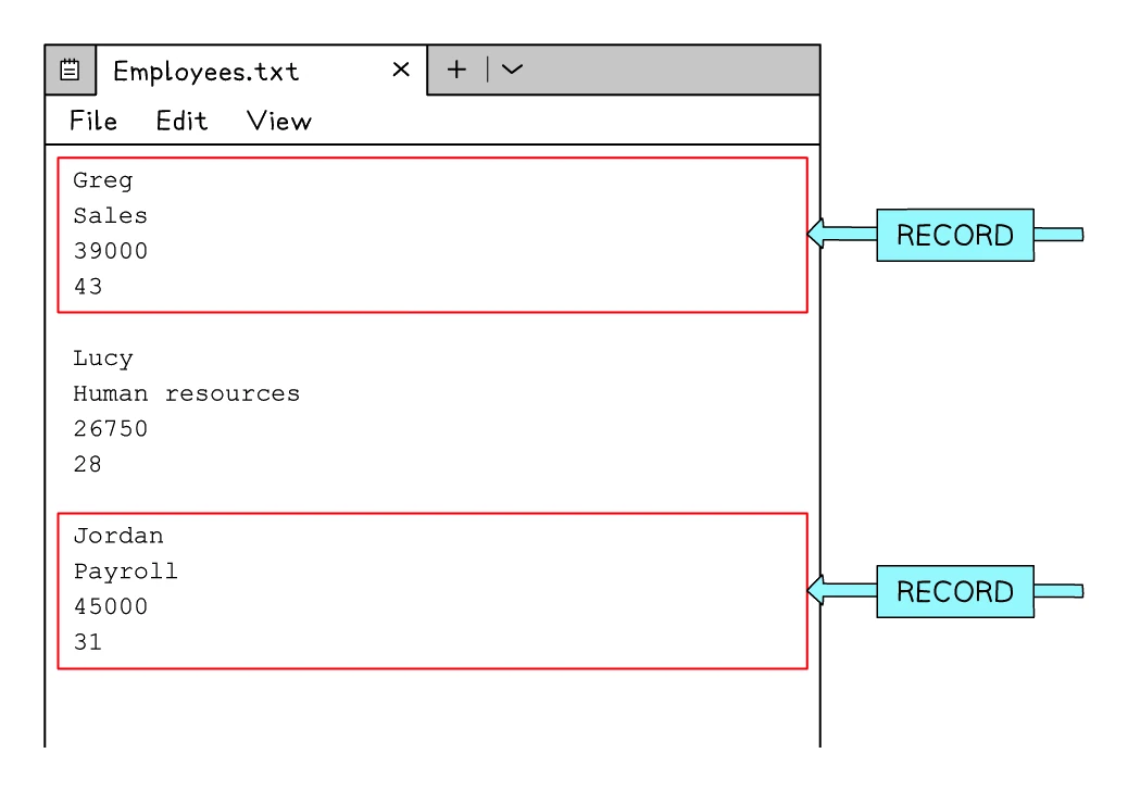 A plain text file named Employees.txt in which each item is stored as four consecutive lines (name, department, salary, age); two of these four-line groups are outlined and labelled as a record.