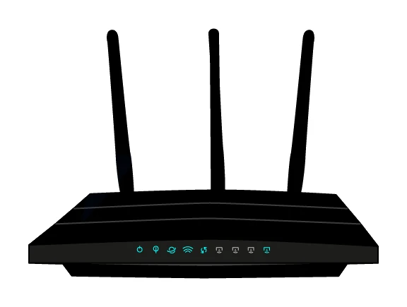A typical home router shown from the front: a low black box with three upright Wi-Fi aerials and a row of status indicator lights across the front panel