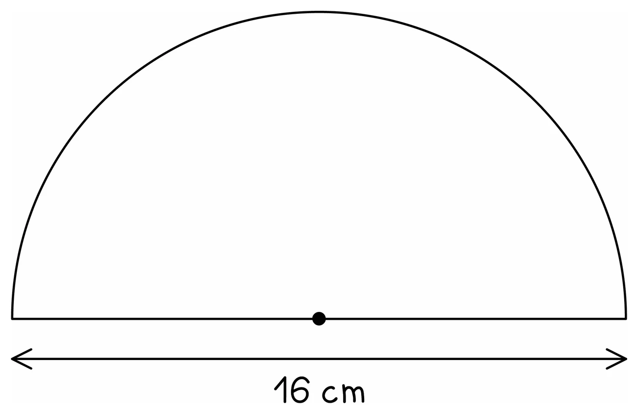 A semicircle standing on its straight edge, with the centre marked on that edge and the full 16 cm width labelled as the diameter across the bottom