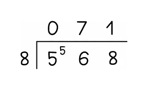Short division of 568 by 8: the divisor 8 sits outside the bracket and 568 inside, a small raised 5 records the remainder carried from the first step onto the next digit, and the quotient 071 is written above the line