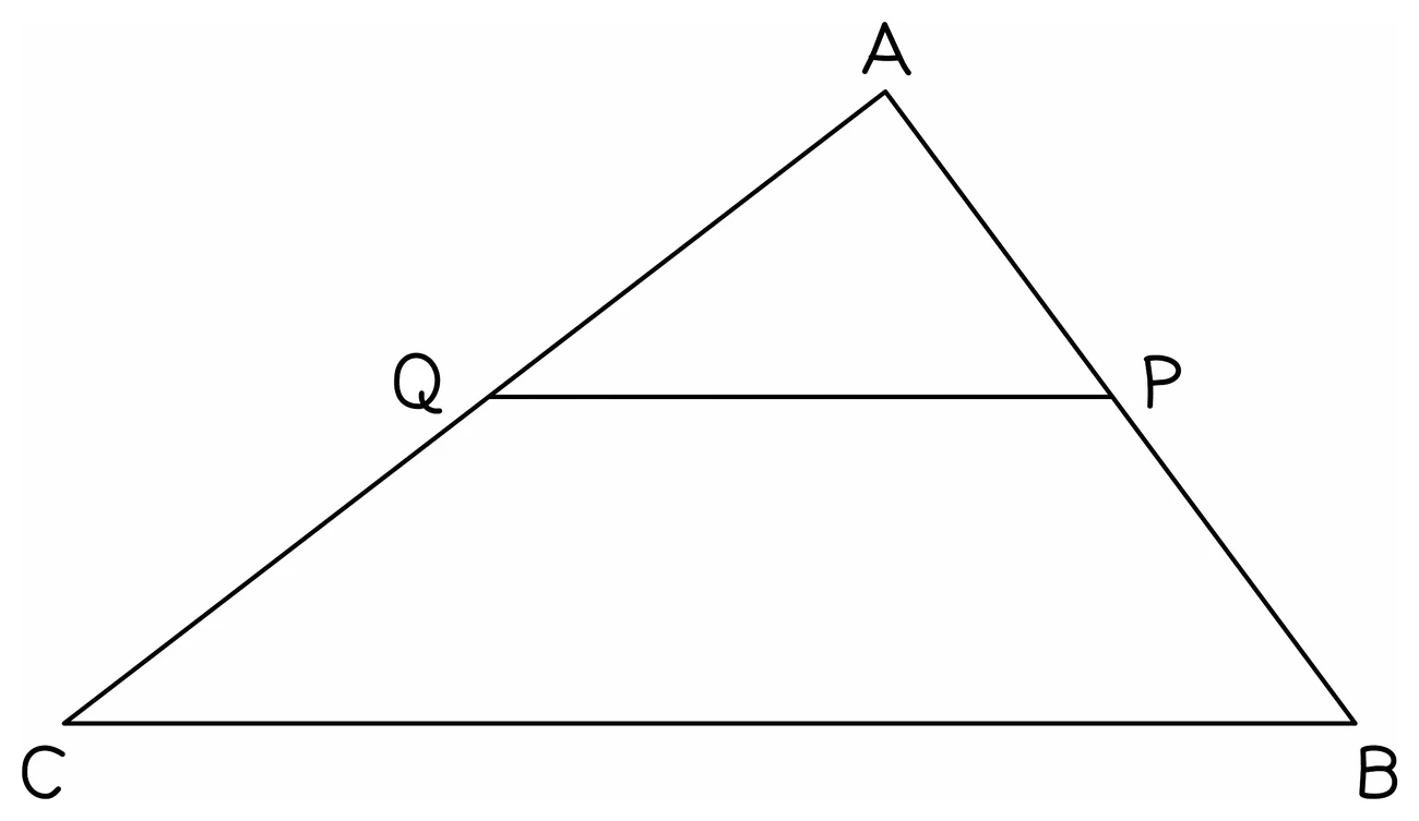 Triangle ABC with a line QP drawn across it parallel to the base CB, so the small triangle AQP sits inside the large triangle ACB and the two share the angle at A, making them similar but overlapping on the diagram