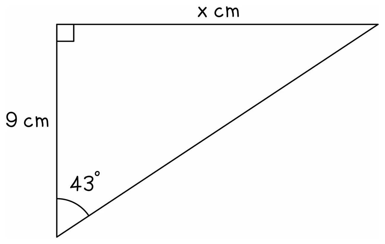 A right-angled triangle with the right angle at the top left, a vertical side of 9 cm down the left, an angle of 43 degrees at the bottom vertex between that vertical side and the hypotenuse, and the horizontal top side labelled x cm