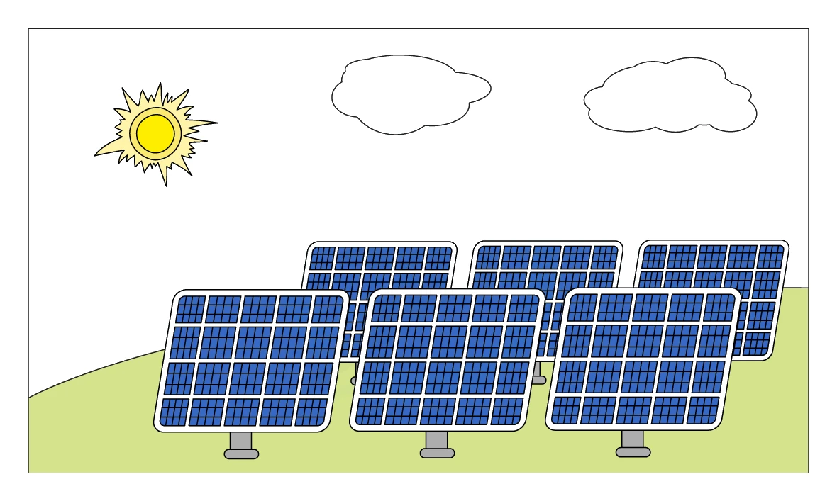 Diagram of an array of photovoltaic solar panels tilted towards the Sun on open ground