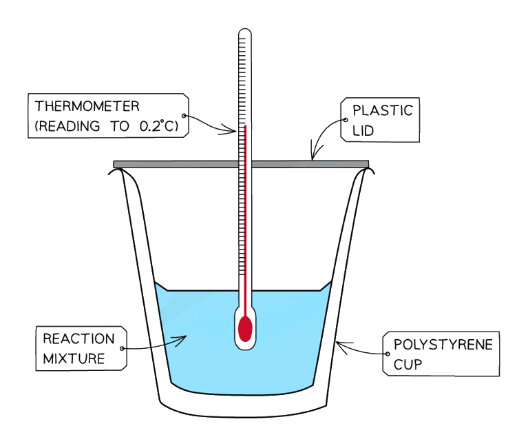Simple calorimeter for a reaction in solution: a polystyrene cup holding the reaction mixture, a plastic lid, and a thermometer reading to 0.2 °C dipped into the liquid