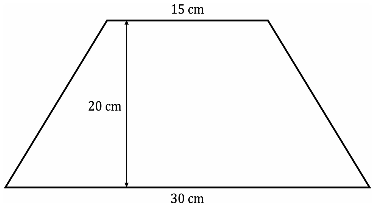 A trapezium with parallel sides of 15 cm along the top and 30 cm along the bottom, and a perpendicular height of 20 cm marked by a double-headed arrow between them
