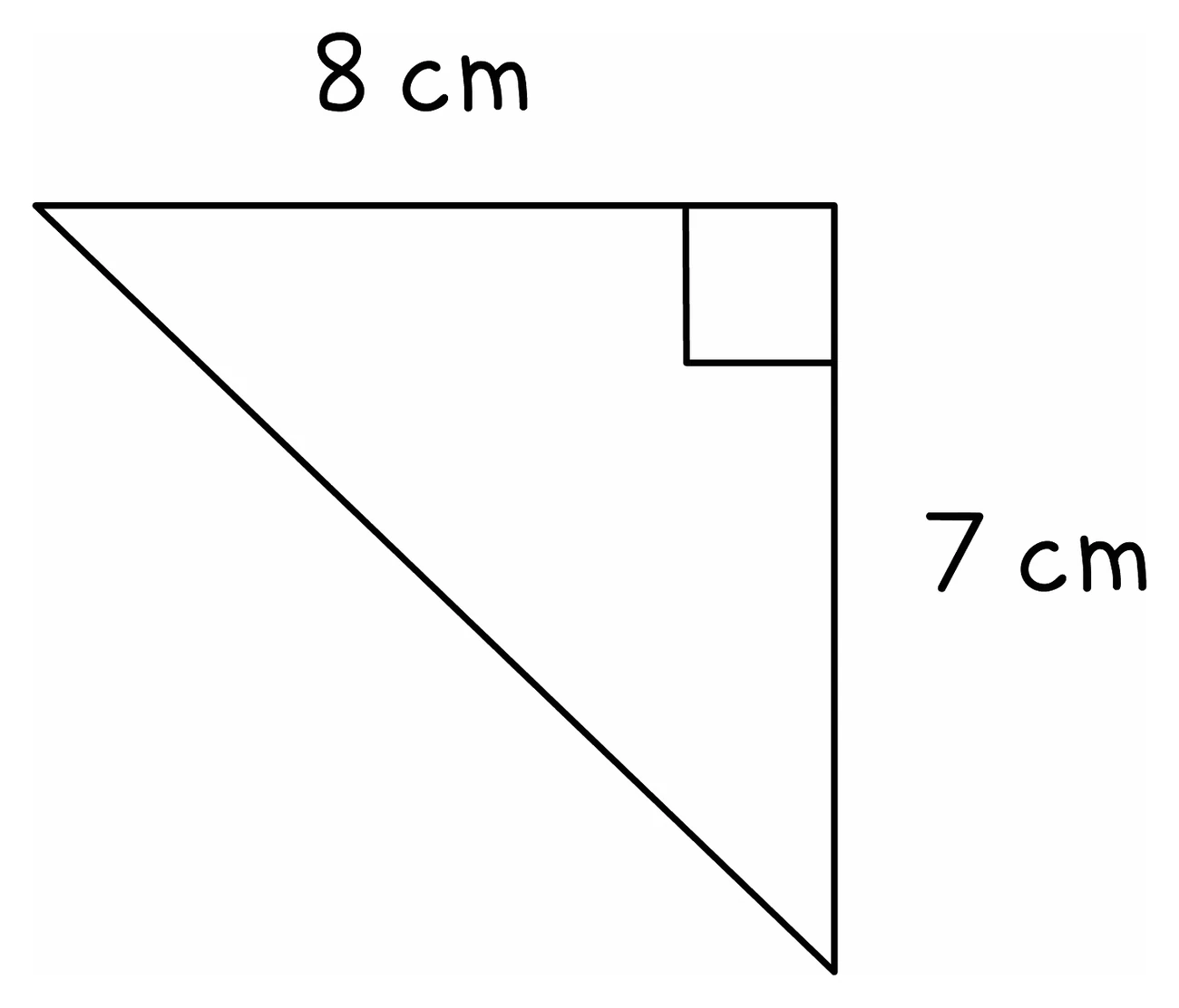 A right-angled triangle with a horizontal side of 8 cm and a vertical side of 7 cm meeting at the marked right angle, so those two sides are the base and the perpendicular height