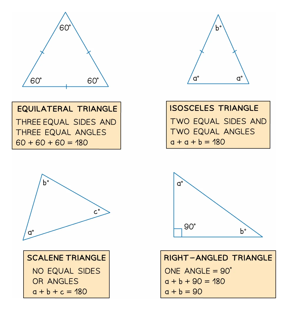 The four triangle types with their angle facts: equilateral with three dashed equal sides and three 60 degree angles, isosceles with two equal sides and two equal base angles, scalene with all three angles different, and right-angled where the two remaining angles add to 90