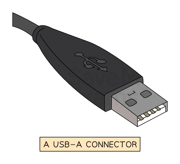 A USB-A connector: the flat, rectangular plug found on flash drives, mice and keyboards, with the USB trident symbol on top