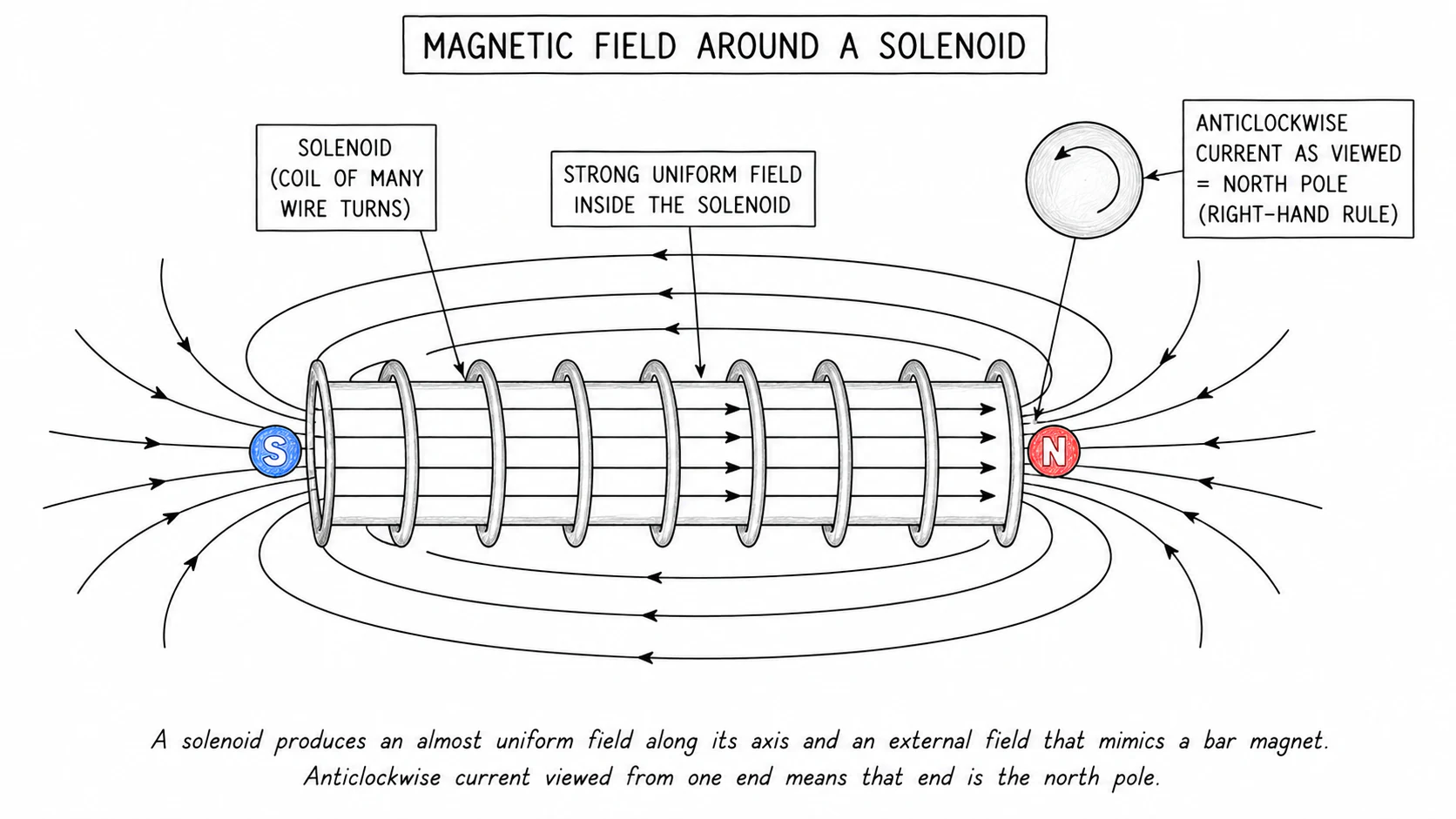 A long horizontal solenoid (a coil of many wire loops) shown in cross-section, with magnetic field lines drawn passing along the axis inside the coil and looping back outside the coil, plus the two ends labelled N and S — making it look like a bar magnet