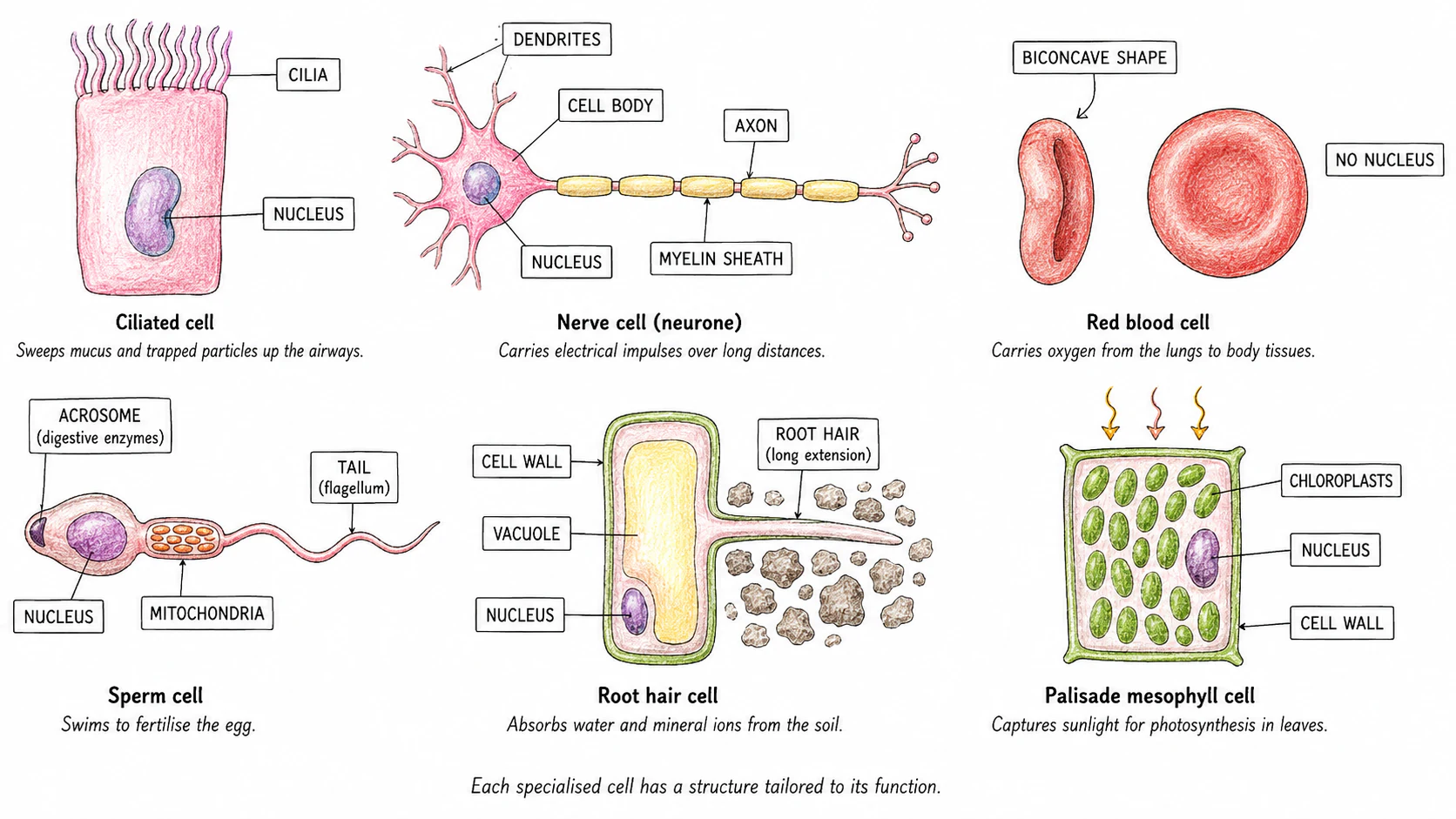 Six specialised cells (ciliated, nerve, red blood, sperm, root hair, palisade) drawn side by side with labelled adaptations