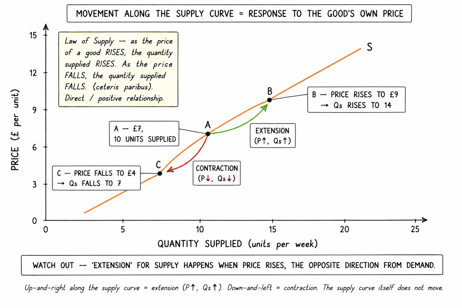 Supply curve: upward-sloping price-quantity relationship; movement along it shows contraction and extension