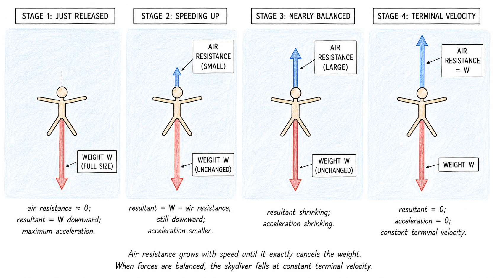 A vertical schematic of a falling skydiver shown at four stages of descent — release, early fall, midway, and terminal velocity — with weight and air resistance arrows drawn at each stage to teach how the two forces grow into balance