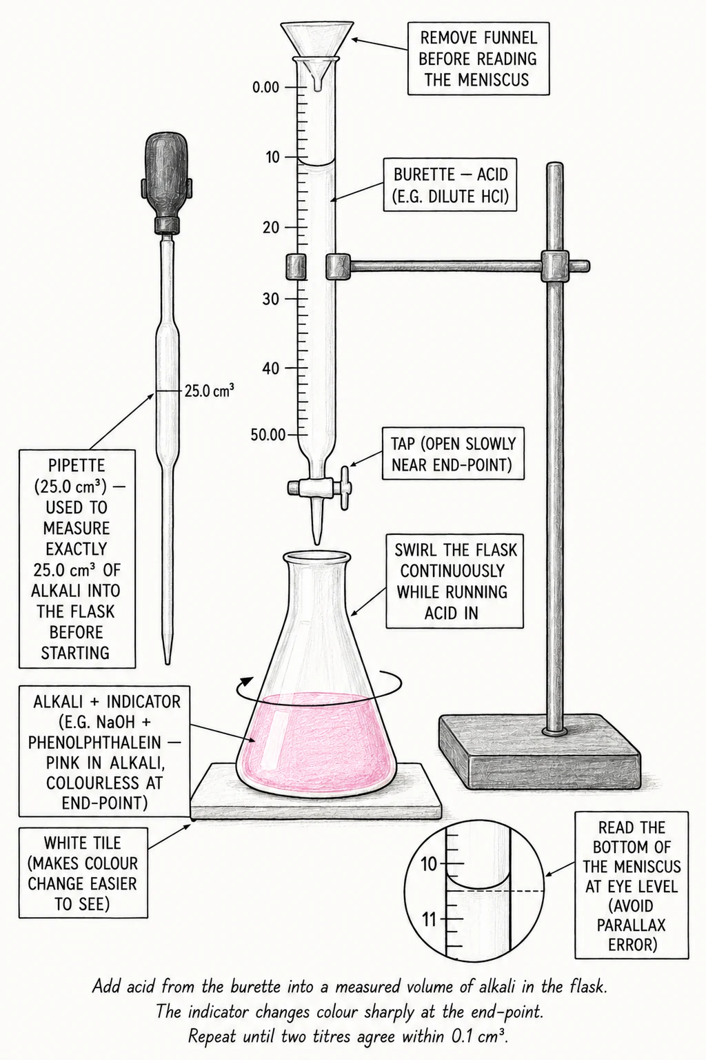 Titration apparatus — burette on a clamp above a conical flask on a white tile, with labels for pipette, burette, conical flask, indicator and white tile