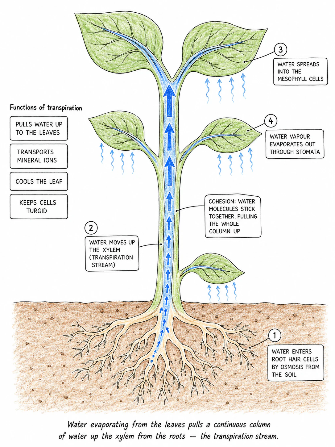 A whole-plant illustration of the transpiration stream showing water entering at the root hair cells, travelling up through the xylem, spreading into the leaf mesophyll, and evaporating out through the stomata