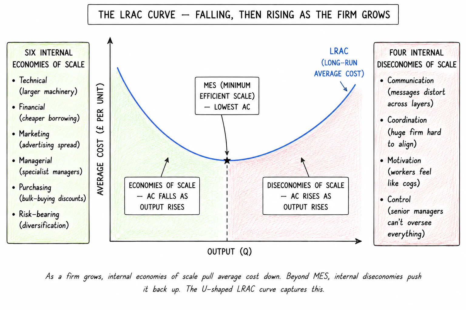 U-shaped LRAC curve: average cost falls through economies of scale, then rises through diseconomies past the minimum efficient scale