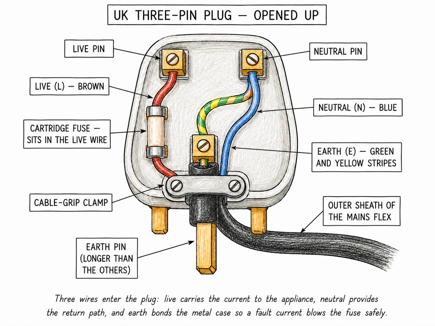 A UK three-pin plug shown opened up with its top cover removed, exposing the three wires inside — live (brown), neutral (blue) and earth (green-and-yellow) — with the fuse cartridge mounted in the live wire and the wires labelled with their pin positions and colour codes