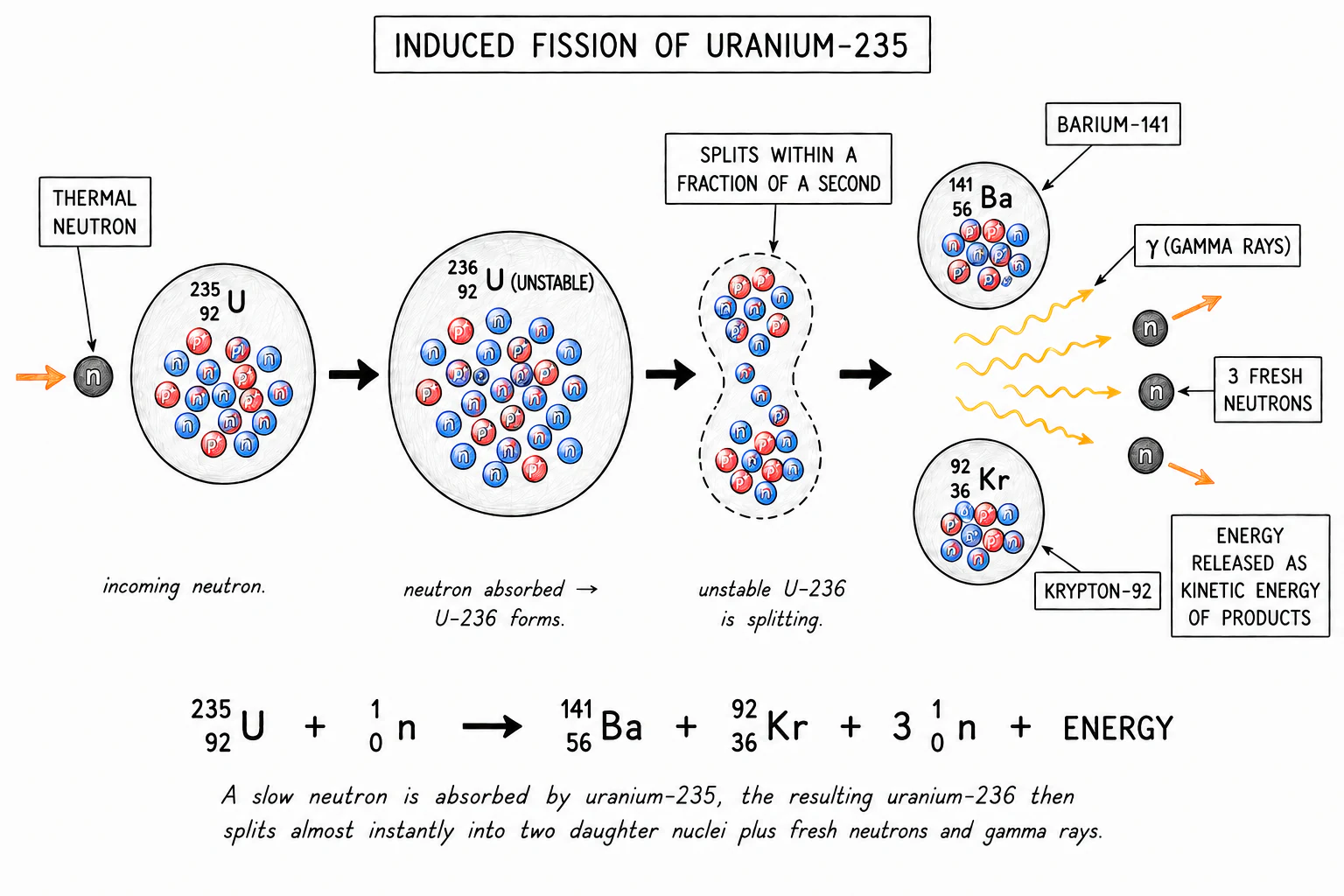 Induced fission of uranium-235: an incoming neutron is absorbed to form an unstable U-236 nucleus, which splits into two daughter nuclei (barium-141 and krypton-92), three released neutrons and gamma radiation