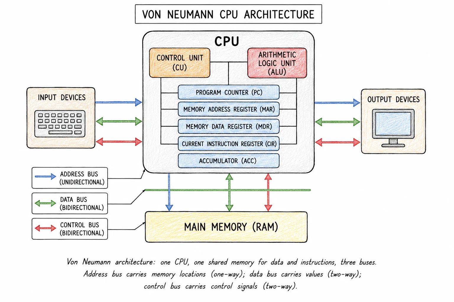 A labelled block diagram of the Von Neumann CPU. A large rectangle labelled "CPU" contains three smaller boxes: ALU on the upper right, Control Unit on the upper left, and a stack of Registers down the middle (PC, MAR, MDR, CIR, ACC). Below the CPU, a separate "Main Memory (RAM)" box. Three labelled arrows connect the CPU to memory: a unidirectional "Address bus" arrow going right; a bidirectional "Data bus" arrow; a bidirectional "Control bus" arrow. Input and output devices are drawn as small boxes to the sides, each connected via the buses