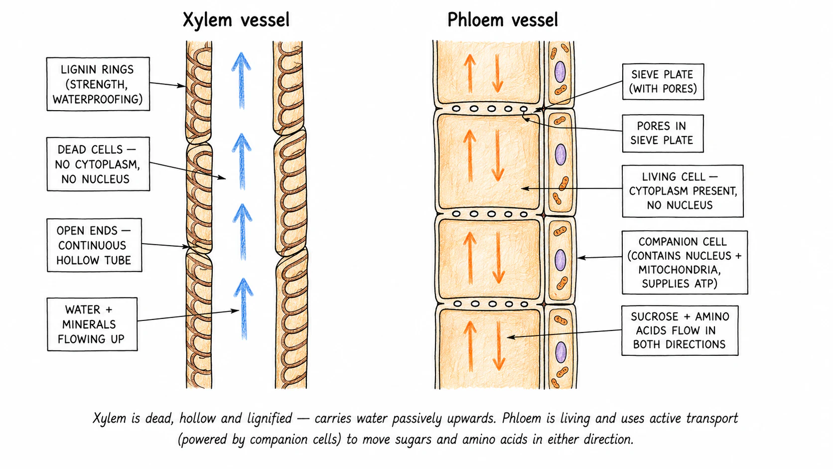 A cross-section through a young plant stem showing the arrangement of xylem and phloem inside a vascular bundle, with a labelled close-up of each tube to highlight the structural differences (hollow lignified xylem on one side, living phloem with sieve plates on the other)